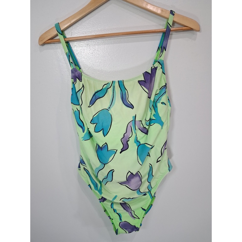 Vintage La Blanca Floral Lace Up One Piece Swimsuit Lime Green Blue Purple Sz 12 - Picture 2 of 8